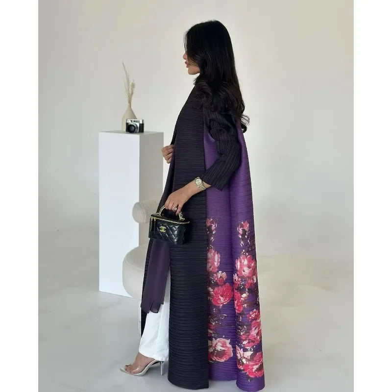 Pleated Trench Coat Vintage Printed Cardigan Loose Plus Size Long Luxury Abaya