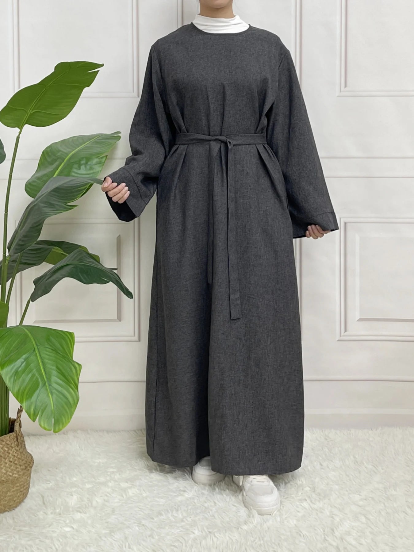 Closed Plain Long Sleeve Abaya Without With Belt Basic Clothes