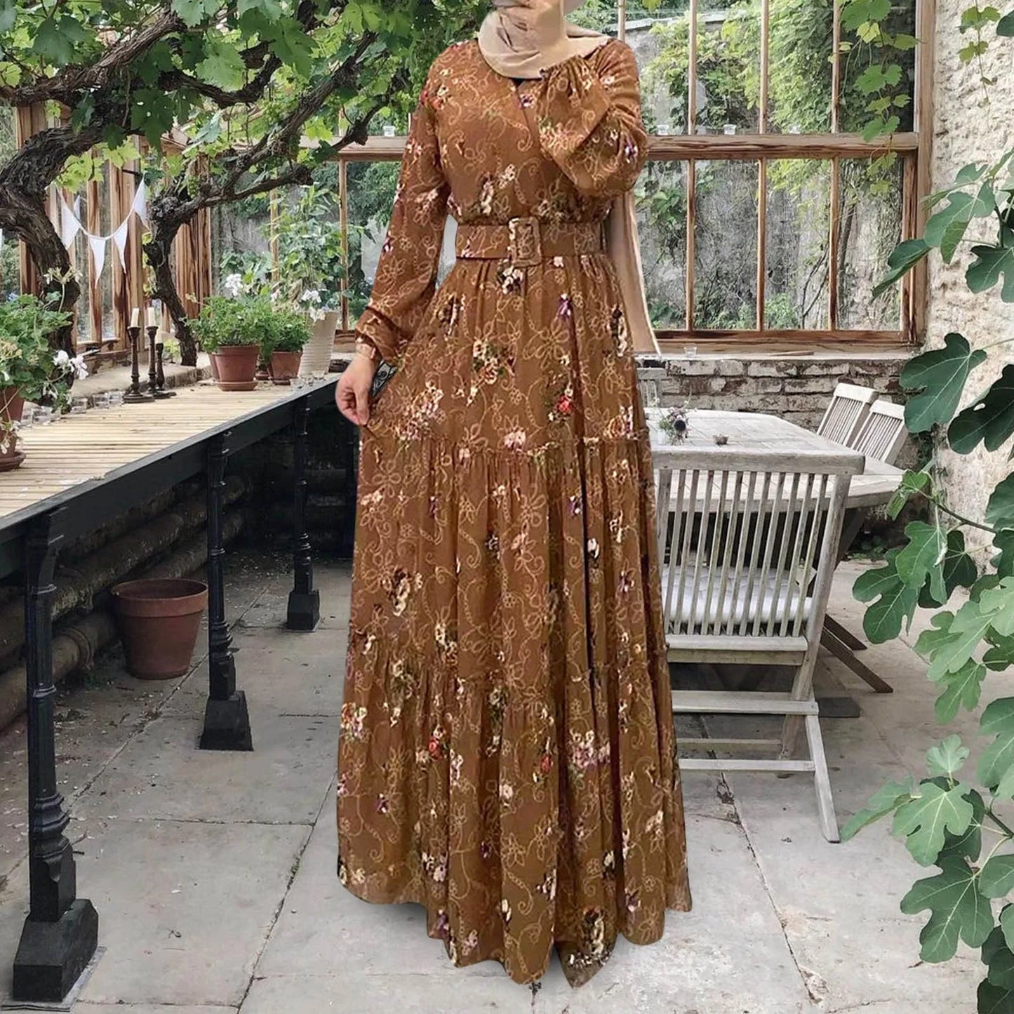 Abaya Turtleneck Floral Print Belted Kaftan Abayas