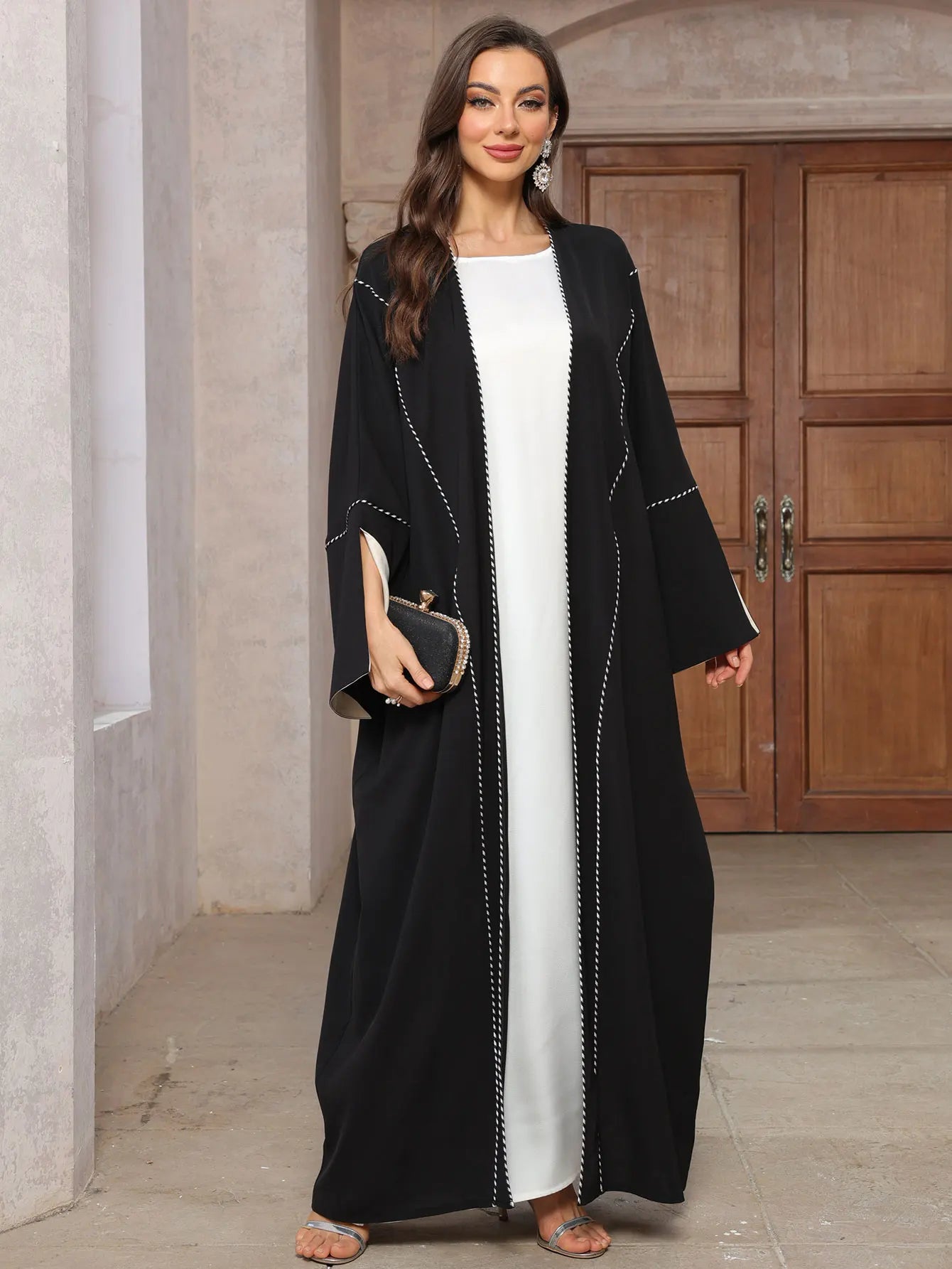 Apricot Abaya with Black Cuff Stitch Detailing Belted Design Fit Daily Wear Special Occasions in