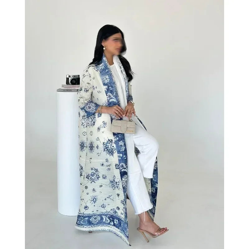 Pleated Trench Coat Vintage Printed Cardigan Loose Plus Size Long Luxury Abaya