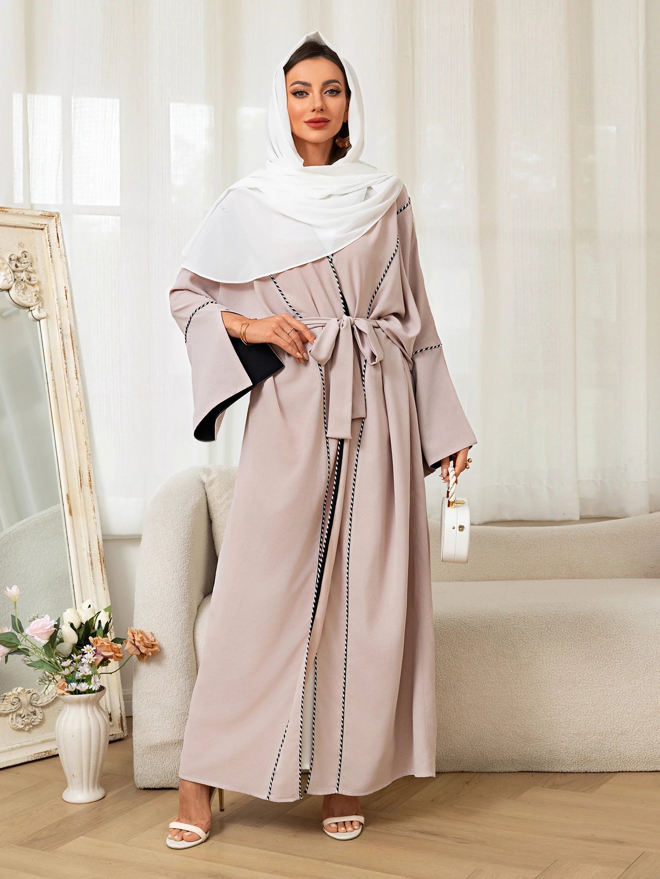Apricot Abaya with Black Cuff Stitch Detailing Belted Design Fit Daily Wear Special Occasions in