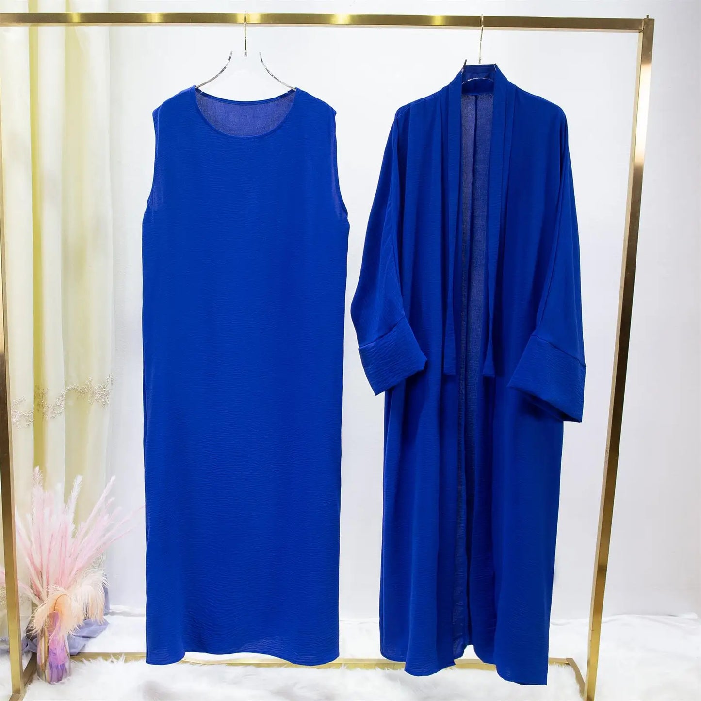 2pics Sets Two Pieces Out Abaya Loose Cardigan Coat Sleeveless Inner with Belt