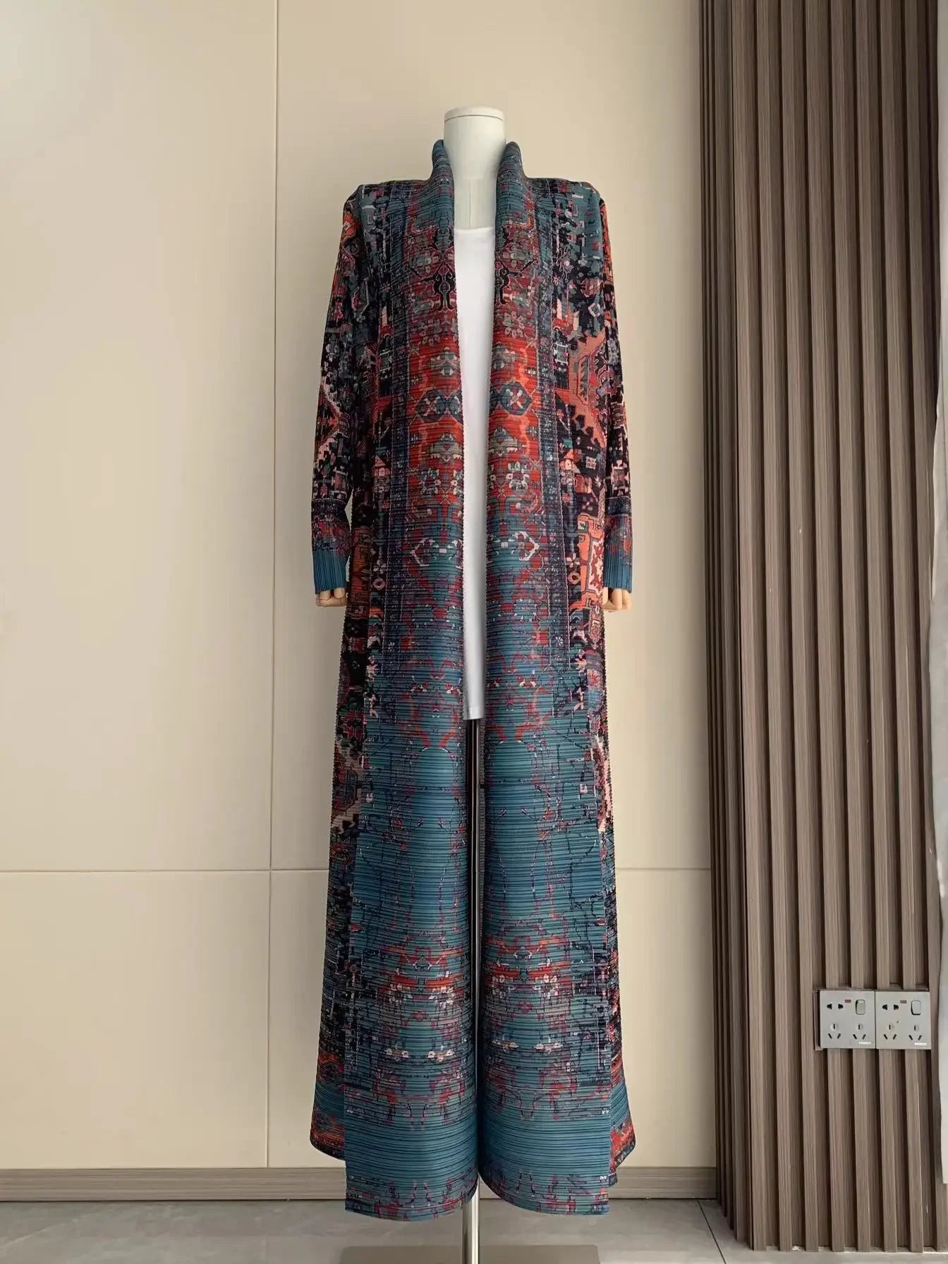 Pleated Trench Coat Vintage Printed Cardigan Loose Plus Size Long Luxury Abaya