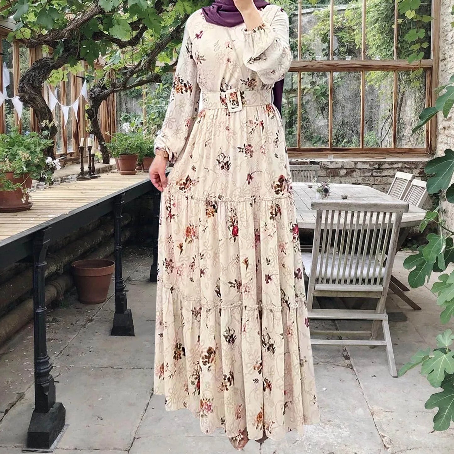 Abaya Turtleneck Floral Print Belted Kaftan Abayas