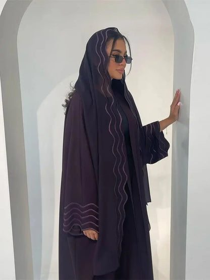 Gray Black Abaya Kimono Hijab Set Kebaya Kaftan Djellaba