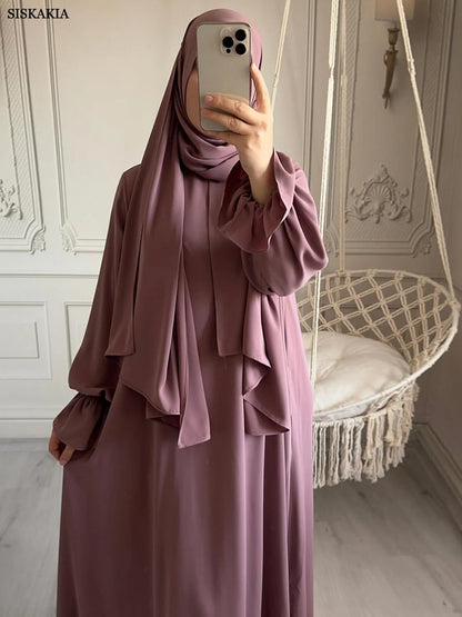 Siskakia Solid Abaya Woman With Headscarf Flare Sleeve Casual