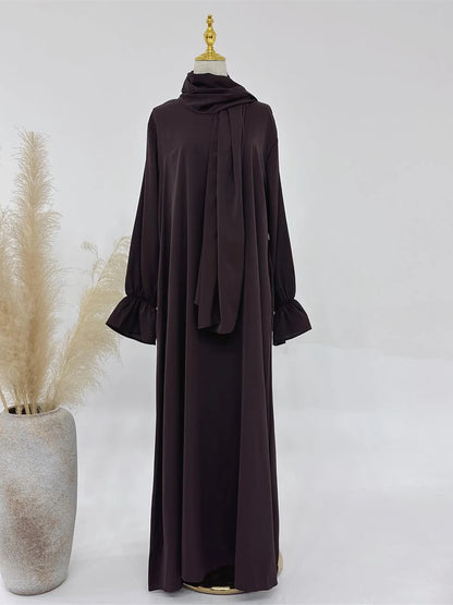 Siskakia Solid Abaya Woman With Headscarf Flare Sleeve Casual