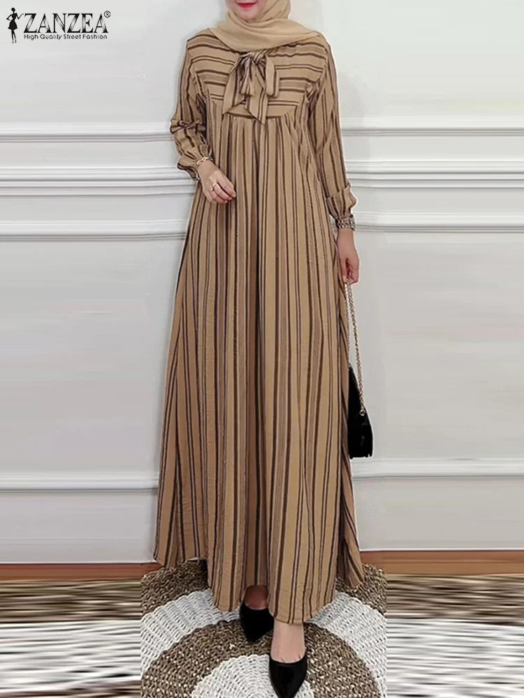 Hijab Turkey Striped Bow Tie Nek 2025 Spring Long Sleeve Abaya Seam Detail Maxi
