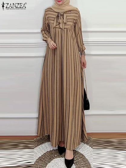 Hijab Turkey Striped Bow Tie Nek 2025 Spring Long Sleeve Abaya Seam Detail Maxi