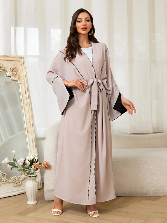 Apricot Abaya with Black Cuff Stitch Detailing Belted Design Fit Daily Wear Special Occasions in