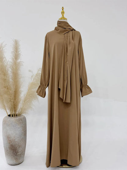 Siskakia Solid Abaya Woman With Headscarf Flare Sleeve Casual