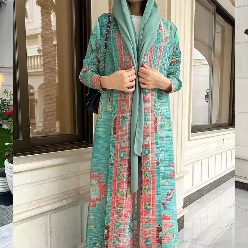 Pleated Trench Coat Vintage Printed Cardigan Loose Plus Size Long Luxury Abaya