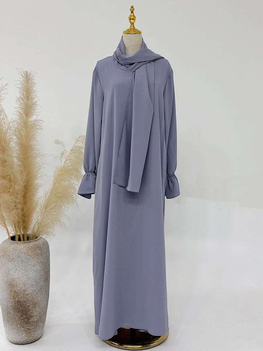 Siskakia Solid Abaya Woman With Headscarf Flare Sleeve Casual