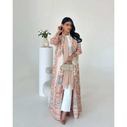 Pleated Trench Coat Vintage Printed Cardigan Loose Plus Size Long Luxury Abaya