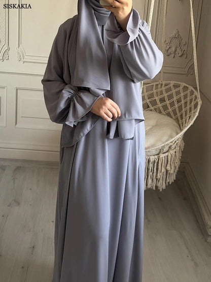 Siskakia Solid Abaya Woman With Headscarf Flare Sleeve Casual