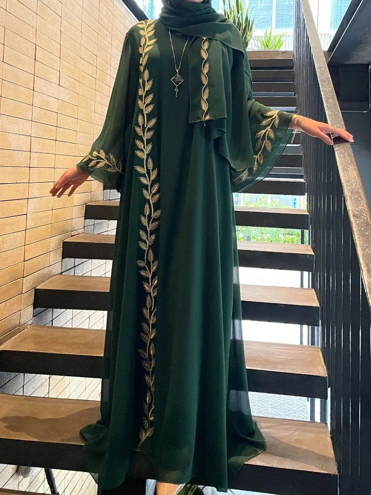 Abaya Embroidery with Scarf 2 Piece Set Long Abayas Kaftan Headscarf Gorgeous
