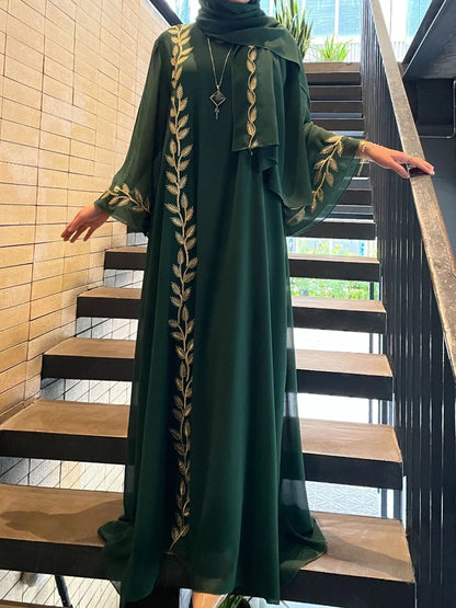 Abaya Embroidery with Scarf 2 Piece Set Long Abayas Kaftan Headscarf Gorgeous
