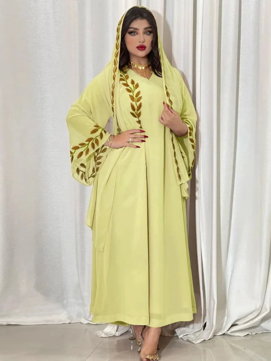 Abaya Embroidery with Scarf 2 Piece Set Long Abayas Kaftan Headscarf Gorgeous