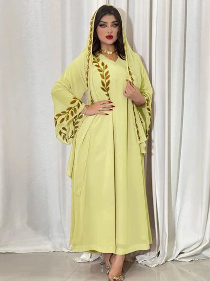 Abaya Embroidery with Scarf 2 Piece Set Long Abayas Kaftan Headscarf Gorgeous