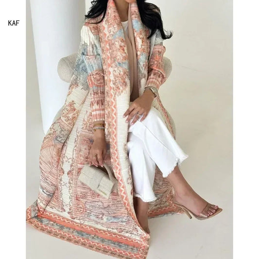 Long Coat Retro Printed Long Sleeved Abaya Wrinkled Waist Belt