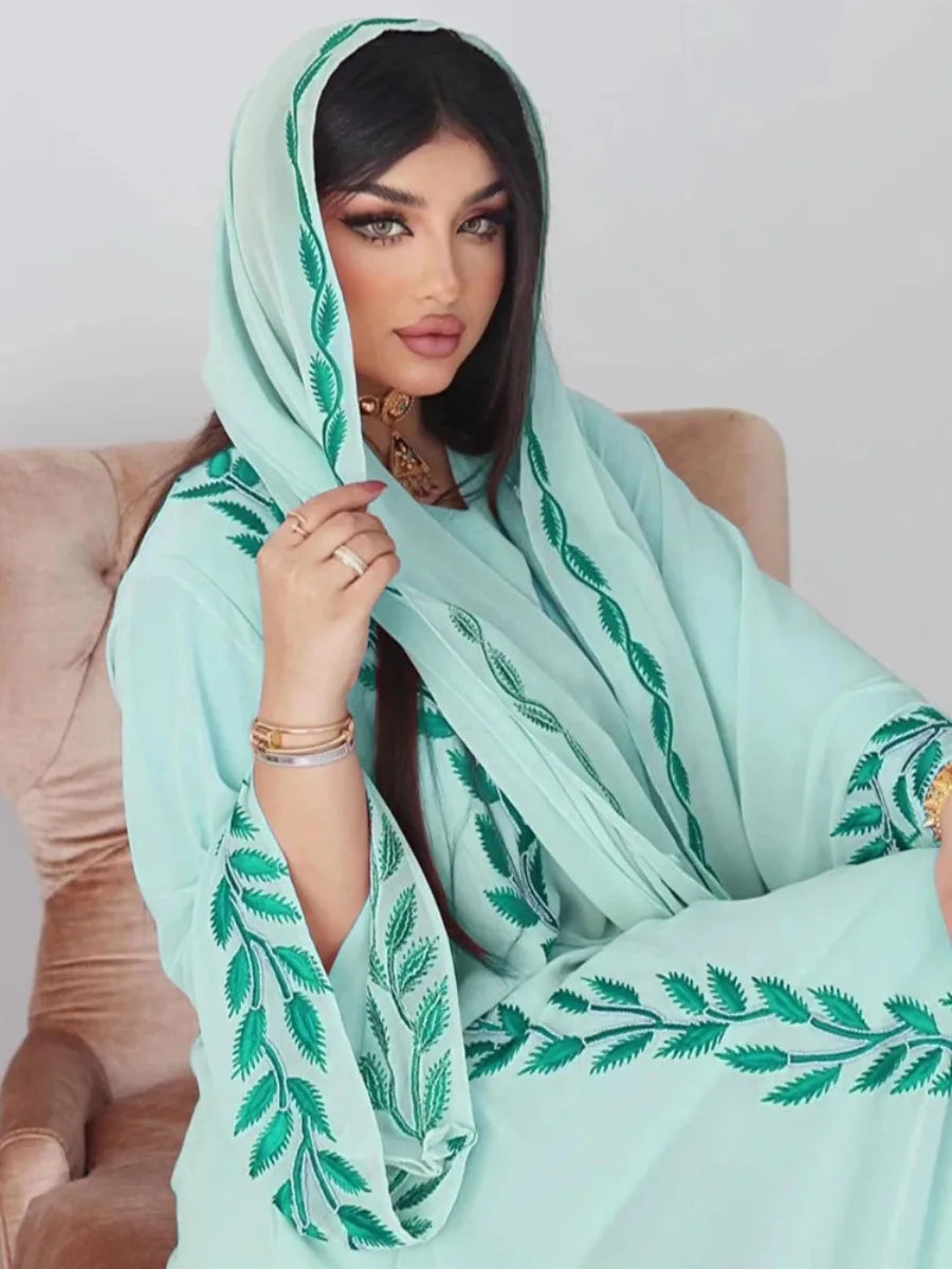 Abaya Embroidery with Scarf 2 Piece Set Long Abayas Kaftan Headscarf Gorgeous