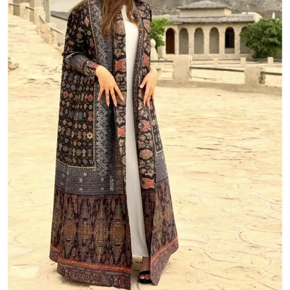 Pleated Trench Coat Vintage Printed Cardigan Loose Plus Size Long Luxury Abaya