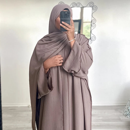 Three Piece Abaya Set With Hijab Free Belt Jazz Crepe Kimono Sleeveless Under EID