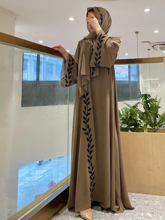 Abaya Embroidery with Scarf 2 Piece Set Long Abayas Kaftan Headscarf Gorgeous