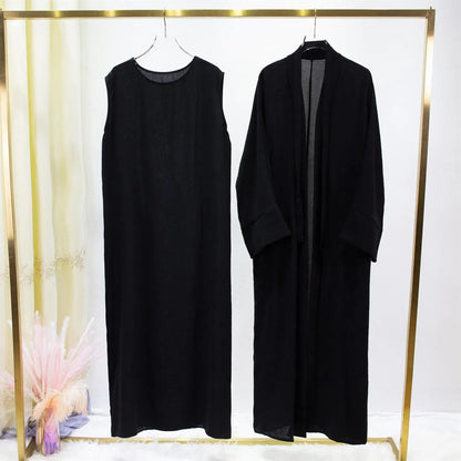 2pics Sets Two Pieces Out Abaya Loose Cardigan Coat Sleeveless Inner with Belt