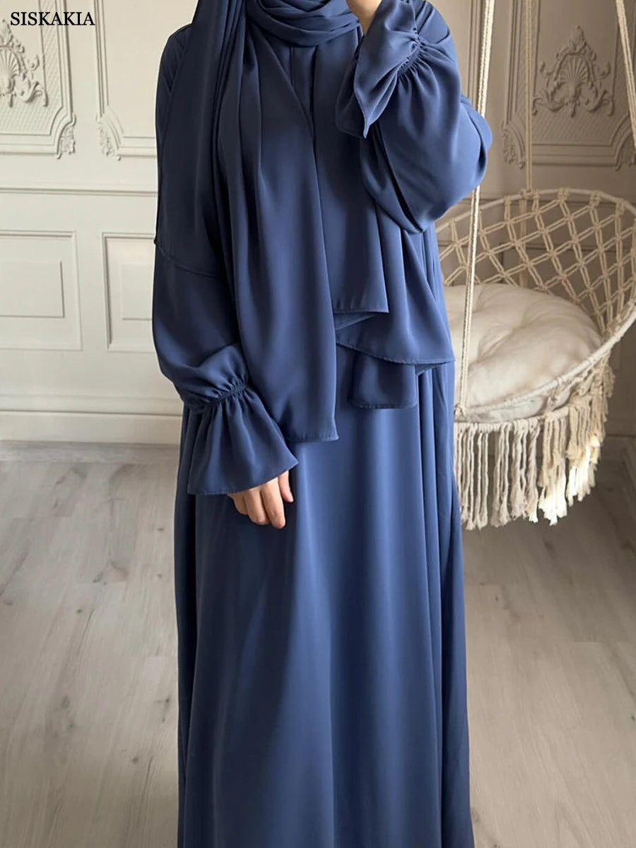 Siskakia Solid Abaya Woman With Headscarf Flare Sleeve Casual