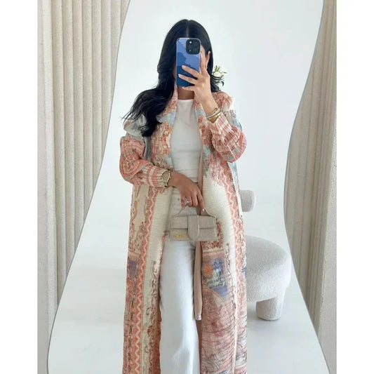 Pleated Trench Coat Vintage Printed Cardigan Loose Plus Size Long Luxury Abaya