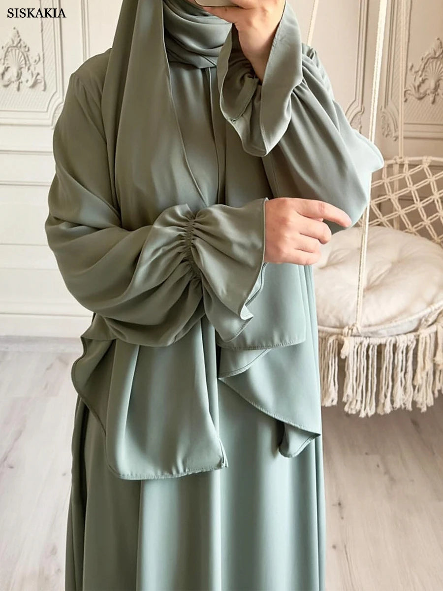 Siskakia Solid Abaya Woman With Headscarf Flare Sleeve Casual