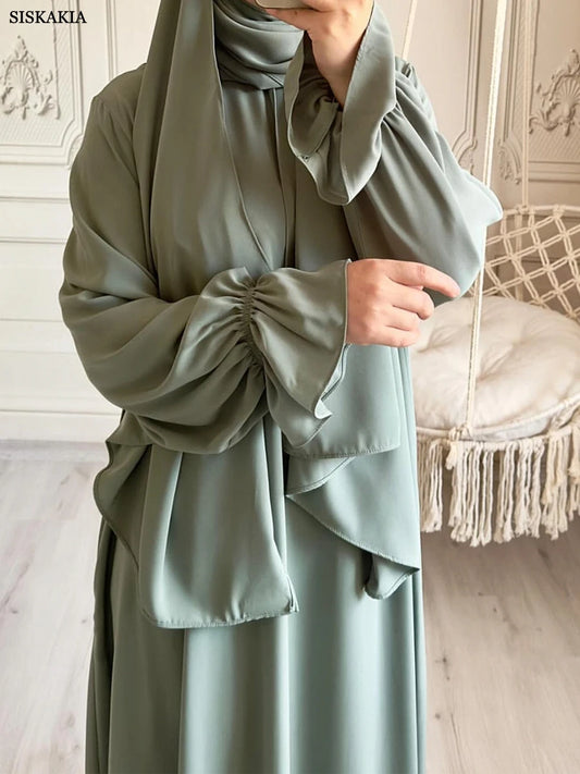 Siskakia Solid Abaya Woman With Headscarf Flare Sleeve Casual