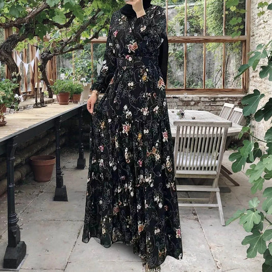 Abaya Turtleneck Floral Print Belted Kaftan Abayas