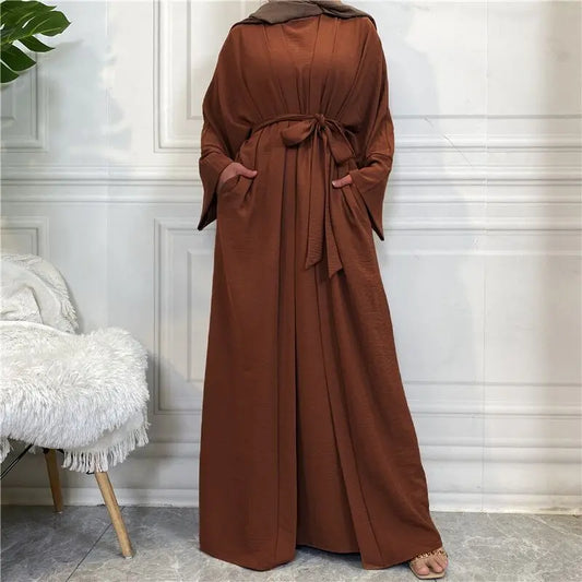 Coffee Color2 Piece belt Abaya Set Turkey Bangladesh Hijab Kaftans Ensembles 2025