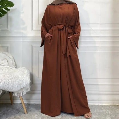 Coffee Color2 Piece belt Abaya Set Turkey Bangladesh Hijab Kaftans Ensembles 2025