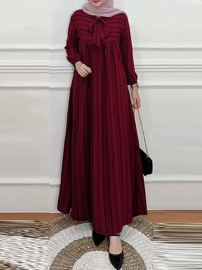 Hijab Turkey Striped Bow Tie Nek 2025 Spring Long Sleeve Abaya Seam Detail Maxi