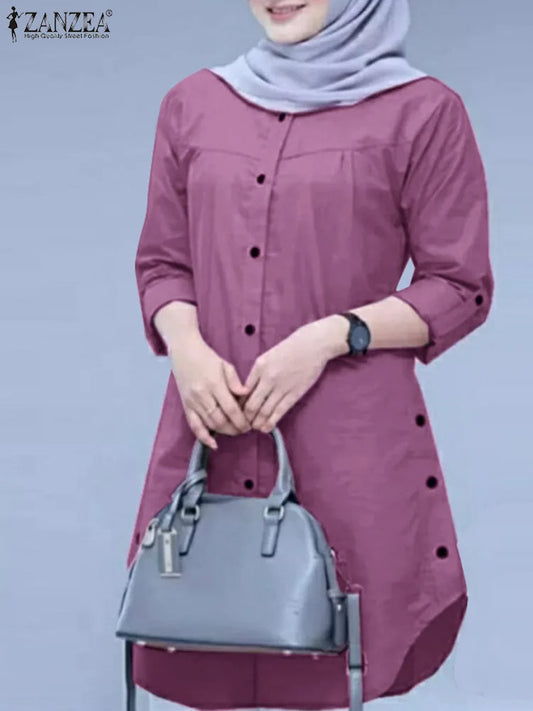 Abaya Blouse Woman Casual Holiday Baggy Shirt Long Sleeve O-Neck Tops Solid