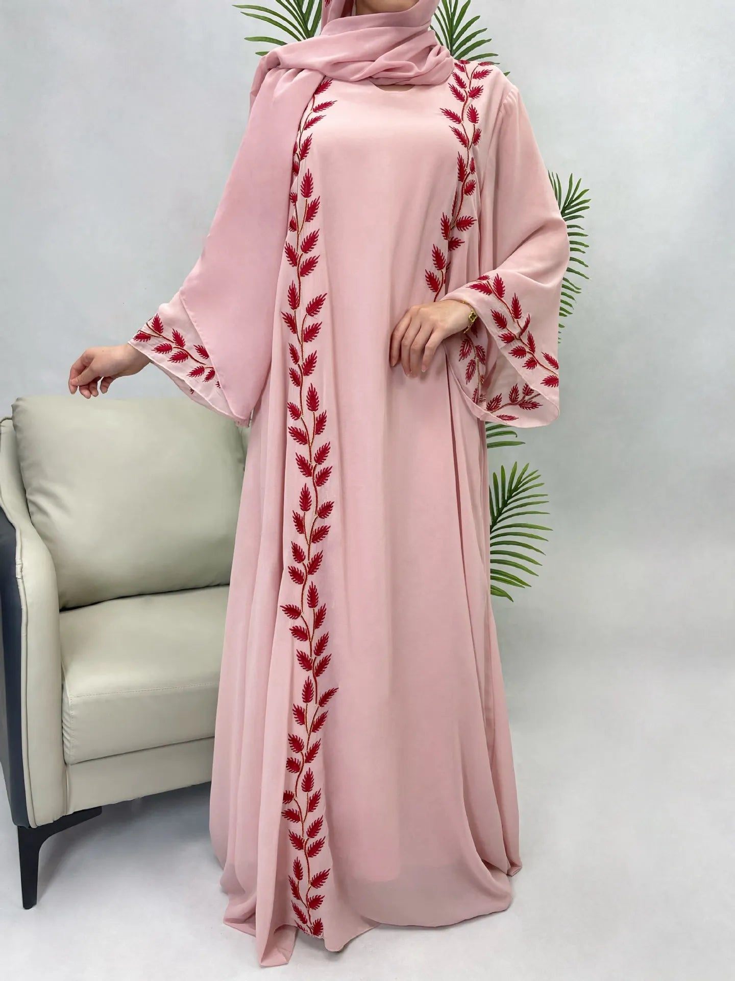 Abaya Embroidery with Scarf 2 Piece Set Long Abayas Kaftan Headscarf Gorgeous