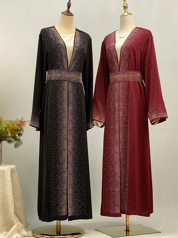 Selling Rhinestone Cardigan With Pockets Kebaya Kimono Abaya Red