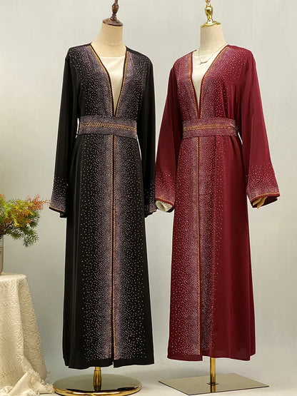 Selling Rhinestone Cardigan With Pockets Kebaya Kimono Abaya Red