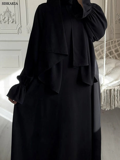 Siskakia Solid Abaya Woman With Headscarf Flare Sleeve Casual