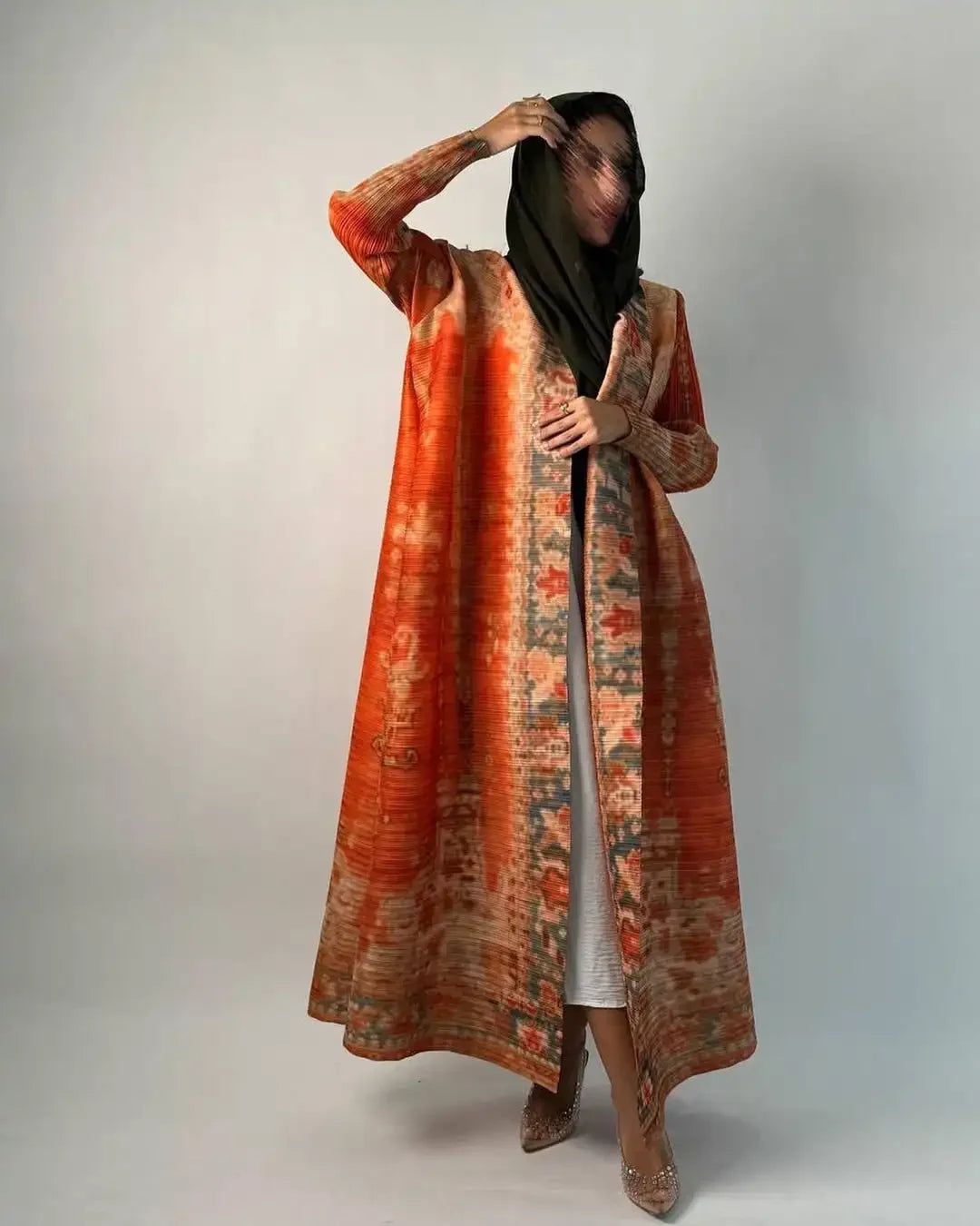 Pleated Trench Coat Vintage Printed Cardigan Loose Plus Size Long Luxury Abaya