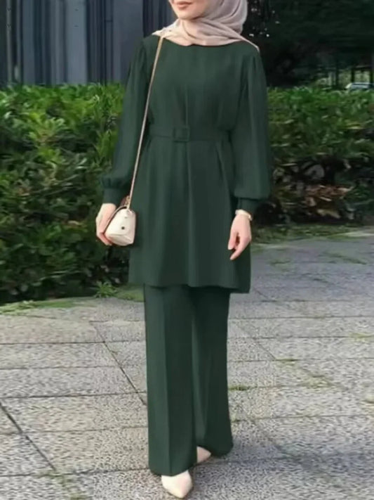 Two Pieces Set Lace-up Blouse & Pant Musulman Ensemble Belt Matching Sets Button Shirt Abaya