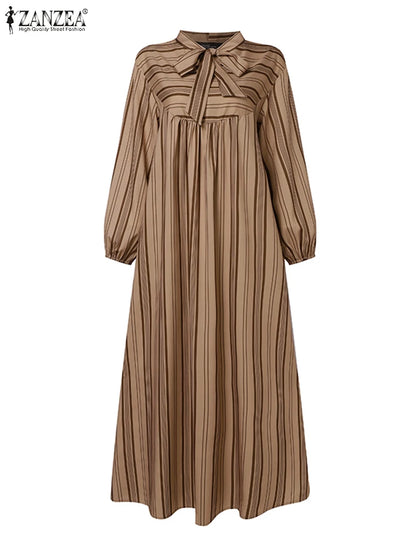 Hijab Turkey Striped Bow Tie Nek 2025 Spring Long Sleeve Abaya Seam Detail Maxi