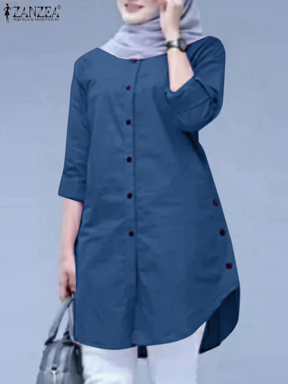 Abaya Blouse Woman Casual Holiday Baggy Shirt Long Sleeve O-Neck Tops Solid