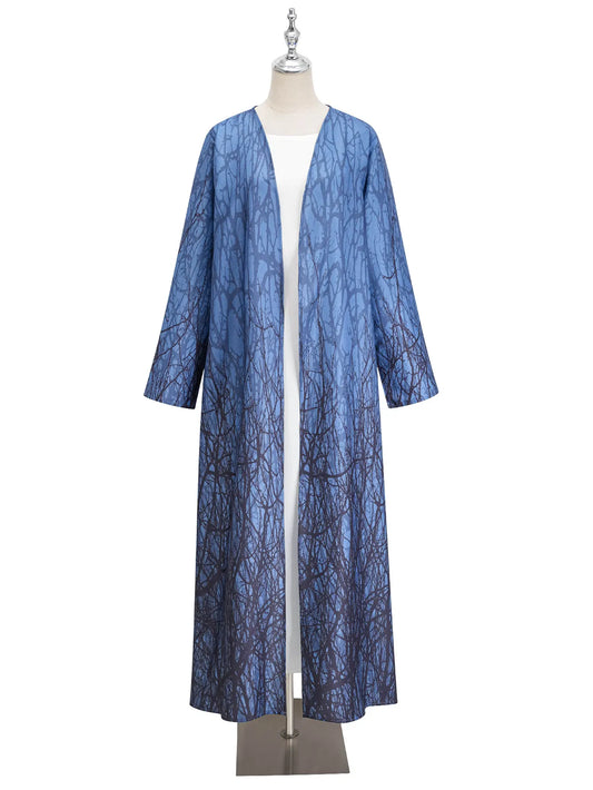 Blue Tree Branch Design Open Abaya Long Outer Garment Moroccan ing in Daily Life or