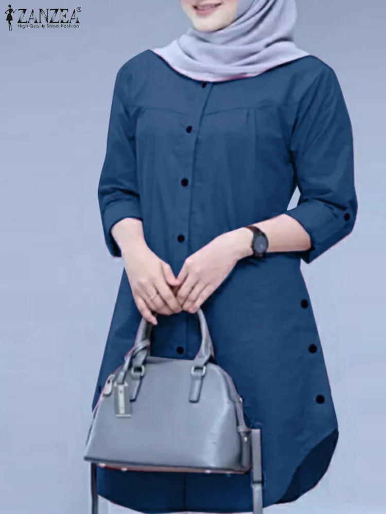 Abaya Blouse Woman Casual Holiday Baggy Shirt Long Sleeve O-Neck Tops Solid
