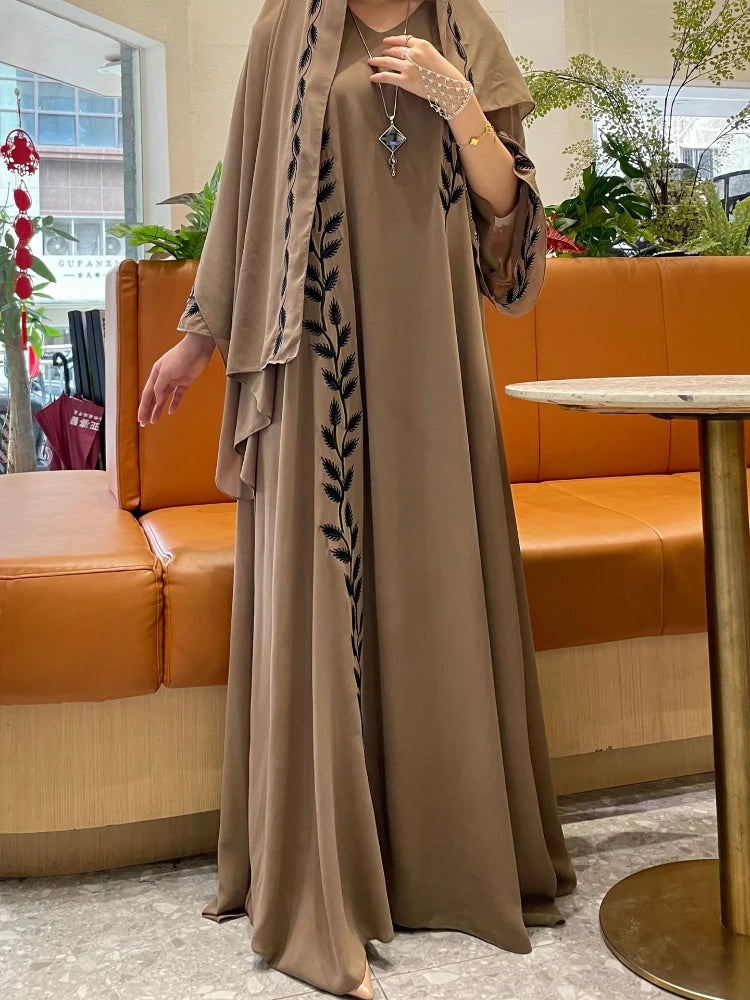 Abaya Embroidery with Scarf 2 Piece Set Long Abayas Kaftan Headscarf Gorgeous
